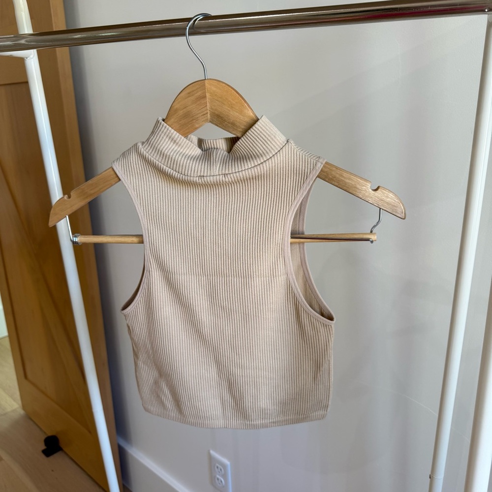 Zara Beige Ribbed Crop High Neck Tank Top